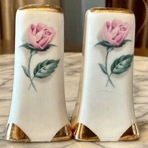 VTG 1950s MCM White Porcelain Gold Gilt Miniature Rose Salt Pepper Shakers Cork